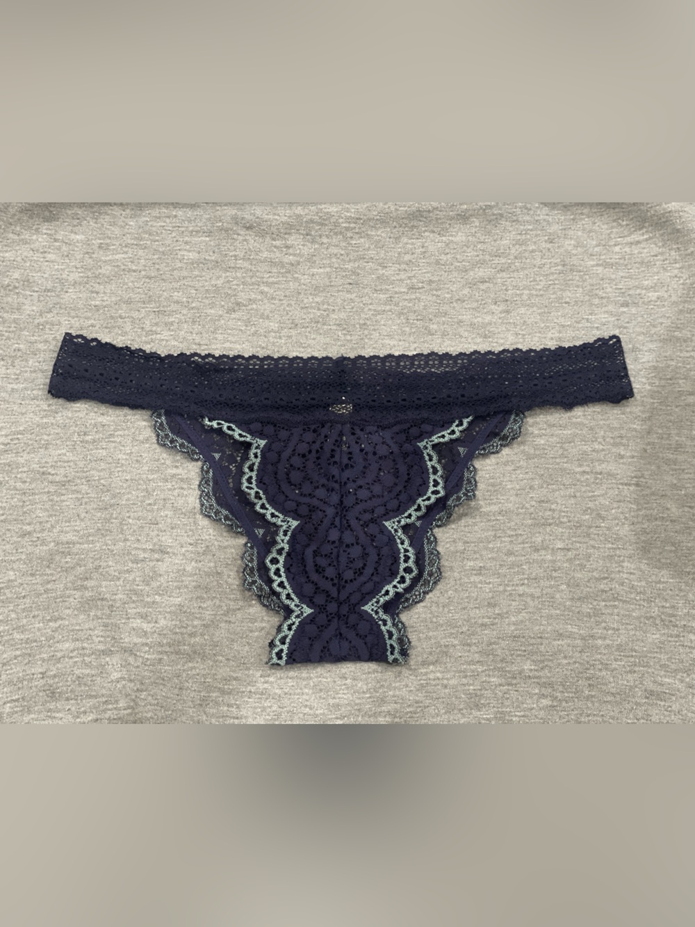 Lace Bikini Panty in Navy with Mint Trim